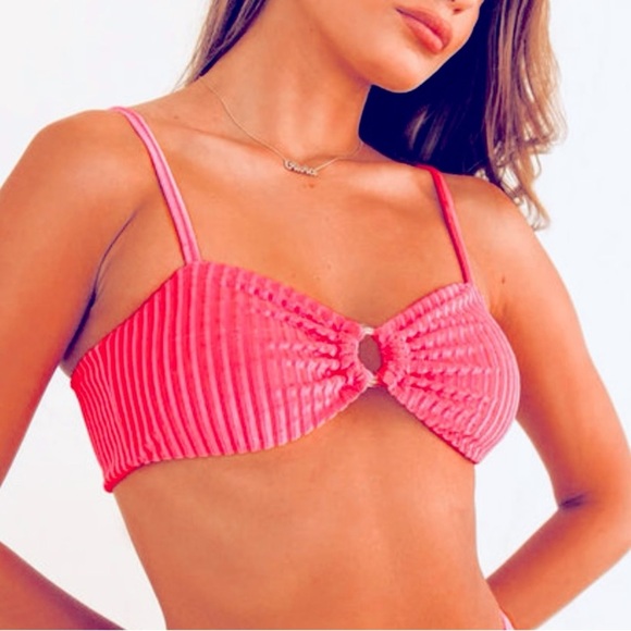 NWT Dippin Daisy's Velvet Ribbed Bandeau Bikini Top in Hot Pink Size Small - Picture 2 of 7